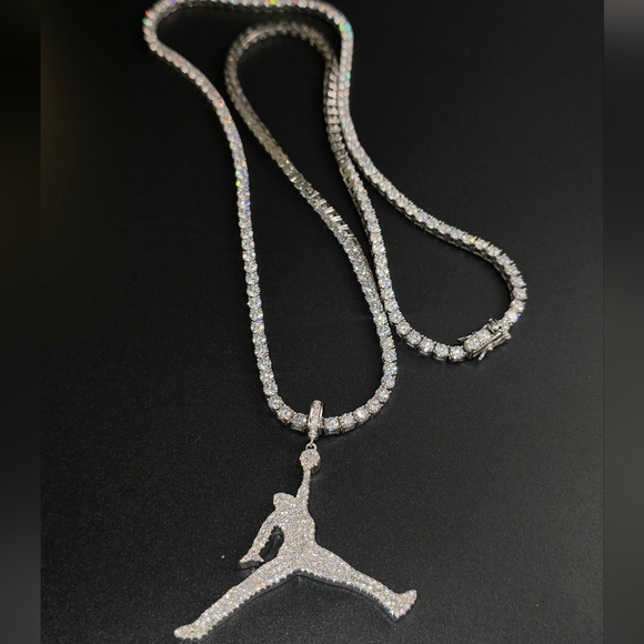 None Other - 24' 3mm Moissanite Tennis Chain with Jordan Pendant , S925 Rhodium Plated.